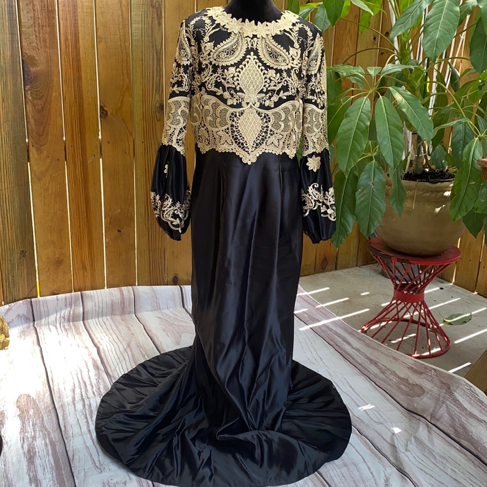 Satin Black Dress  Ball Party Cocktail Dress Gold Indian Lace Trim Large-XL